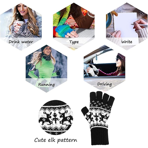Fawn Jacquard strikkede fingerløse hansker - Varme vinterhansker for kvinner med halvfinger ullhansker Gift-jbk