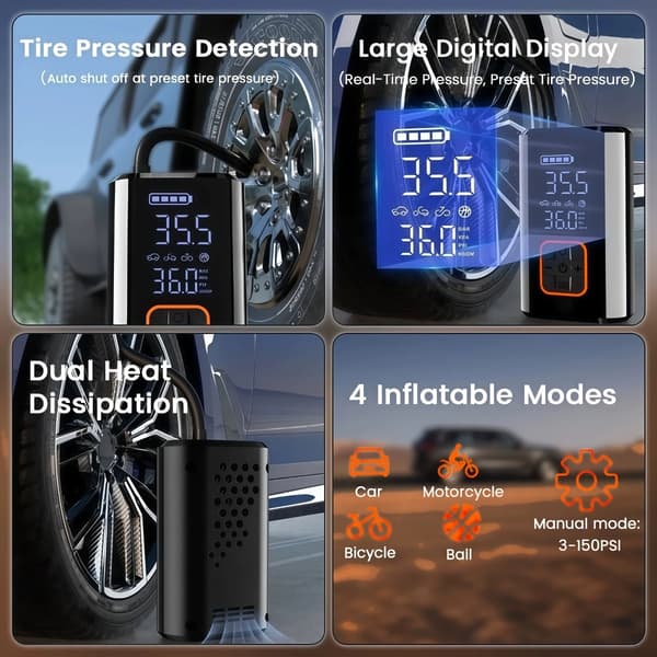 Trådlös däckpump 80W bärbar luftkompressor 150psi med LED-ljus, uppladdningsbart 3x2000mah batteri, USB-C, ±1.5psi noggrannhet och 35l/min flöde