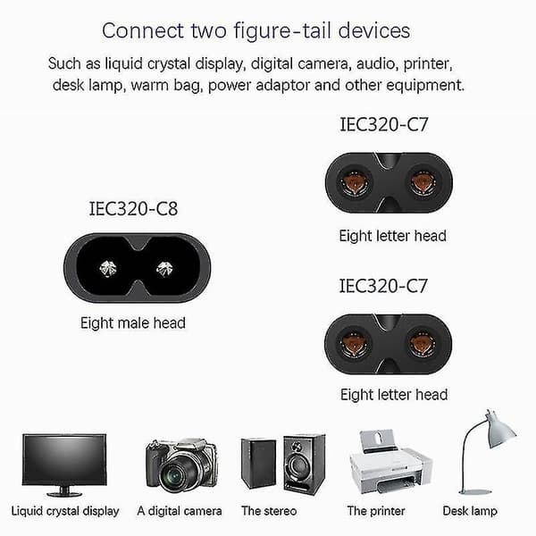 IEC320 C8 til 2x C7 Y-delt AC-strømkabel, 1 inn 2 ut AC-strømkabel