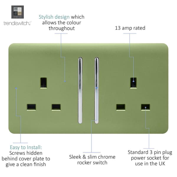 Trendi 2-vägs Konstnärlig Modern Glansig 13 Amp Strömbrytare Mossgrön (3-pack)