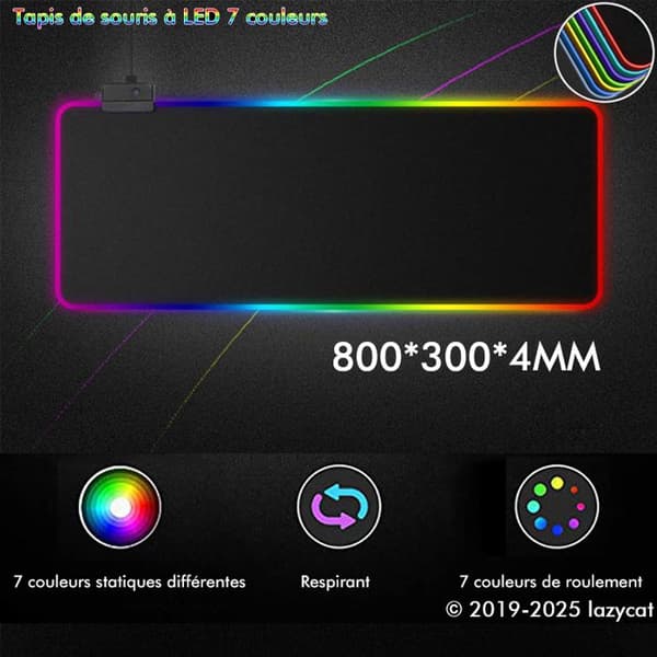 Gamingmusematte - LED - 800x300mm - Sklisikker - 10 Lysmoduser - Naturgummi