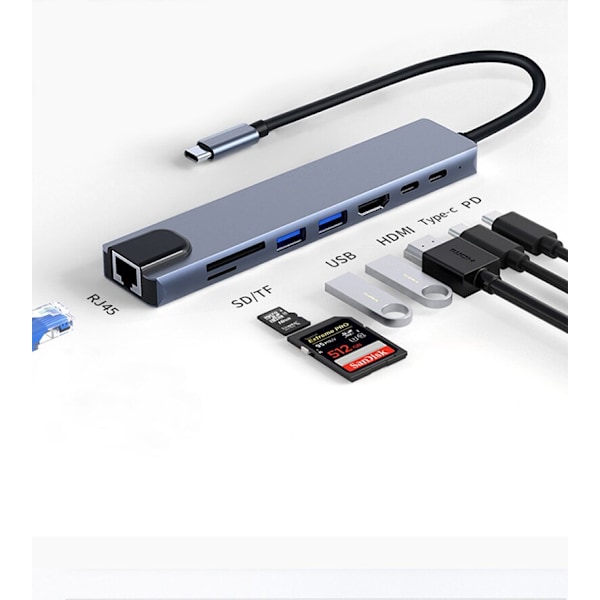 8-portars USB-C 100 Mb Hub med USB, UBC PD, HDMI, RJ45, minneskort grått