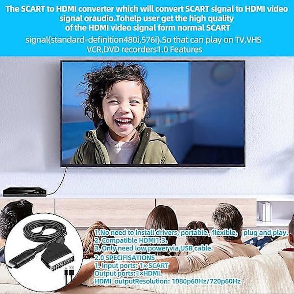 SCART till HDMI-adapter, SCART till HDMI-konverterare med HDMI-kabel för 720P/1080P Full HD-TV, ljud och video för Blu-ray DVD-spelare STB VHS Xbox PS3