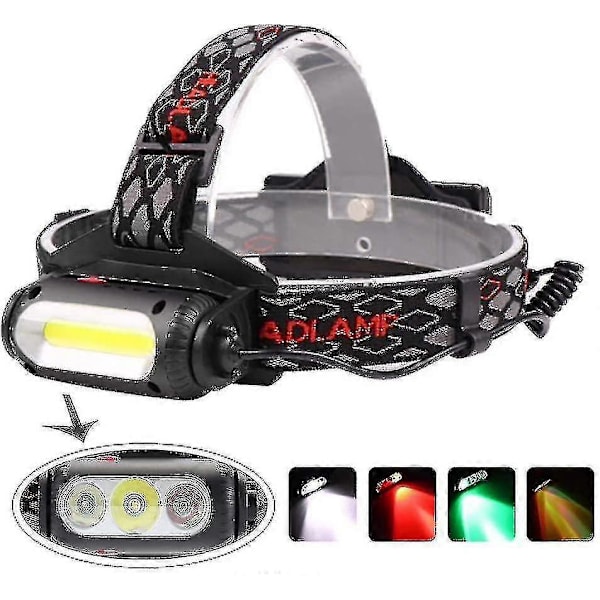 Laddningsbar pannlampa, kraftfull 1000 lumen LED-pannlampa med rött/grönt/vitt ljus för fiske, camping, vandring, nattsyn (3 ljusfärger)