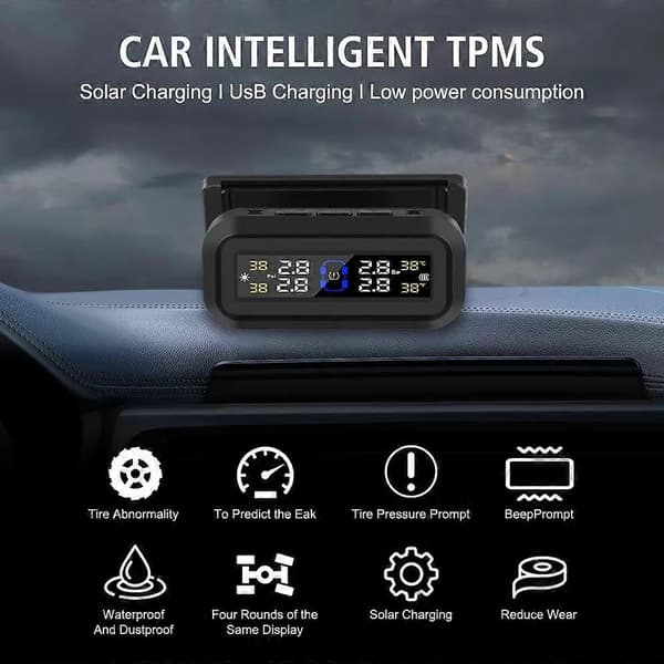 T13 Bil TPMS Realtidsdisplay Solar / USB-laddning Däcktrycksövervakningssystem med 4 Externa Sensorer