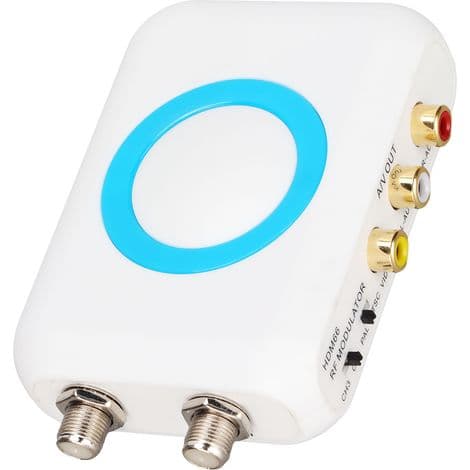 Brugsklar RF-modulator med HDMI-indgang, NTSC/PAL-udgang og VHF/AV-interface, velegnet til kabel-tv-systemer.