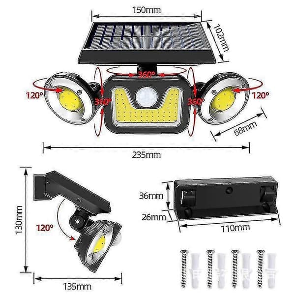 Solarcelle Vegglampe, LED/COB Tre Hoder Kan Rotereres, Vanntett Kroppssensor