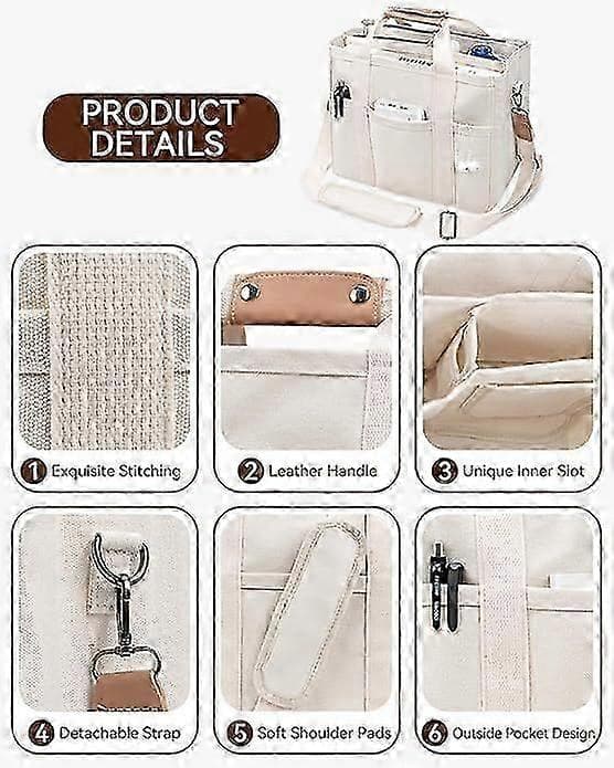 Canvas Tote Bag med flere lommer, hvit