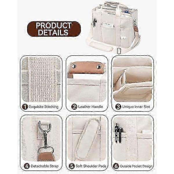 Canvas Tote Taske med Flere Lommer hvid