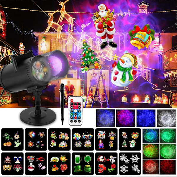 Juleprojeksjonslampe, 12 lysbilder + 9 farger LED-bølge lysprojektor IP65 Utendørs projektor med fjernkontroll Projektor for jul, Halloween,