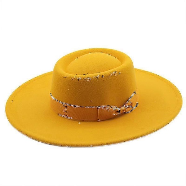 Hattar för Män & Kvinnor Ullfilt Bowlerhatt med Rosett Platt Topp Stil Bred Brätte Lätt Retro Klassisk-FÄRG: gul