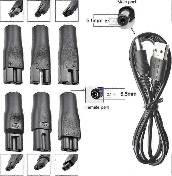 7 stk. 5V USB-strømkabel sæt til hårklippere, trimmere, barbermaskiner og bordlamper - Universal erstatningsoplader