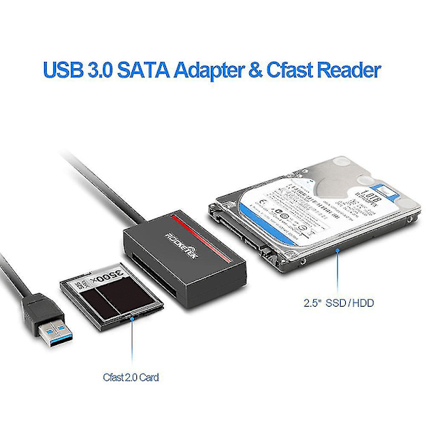 Cfast 2.0 -lukija USB 3.0 - SATA-sovitin Cfast 2.0 -kortille ja 2,5 tuuman HDD-kiintolevylle / SSD:n luku- ja kirjoitus