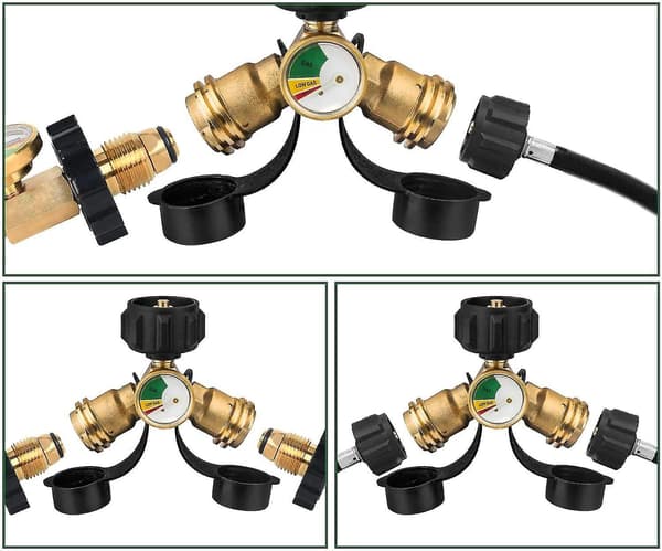 Propan Splitter Y-splitter Adapter Med Mätare Solid Mässing Läckagedetektor Gastryck
