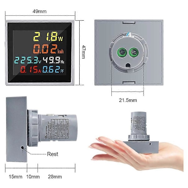 Energimätare, AC 50-300V 100A Mini Effektmätare 6in1, LCD-display, Voltmeter, Amperemeter, Wattmeter, Fre