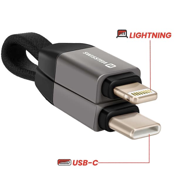Magneettinen kaapeli iPhone Lightning / USB-C avaimenperä, kompakti 9,7 cm, harmaa