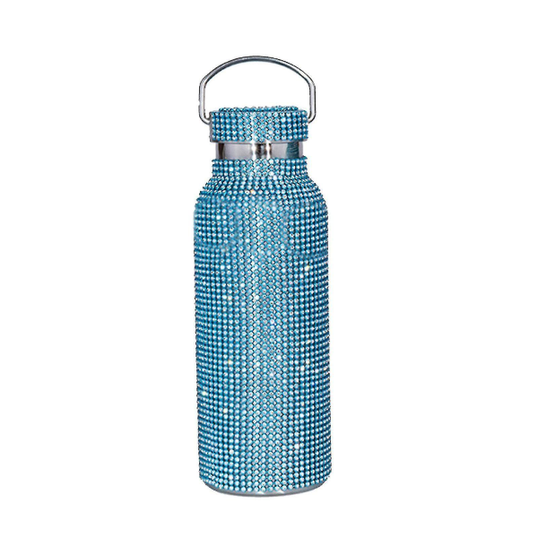 Diamant vandflaske Bling Rhinestone rustfrit stål termisk flaske med kæde til kvinder piger gaveblå