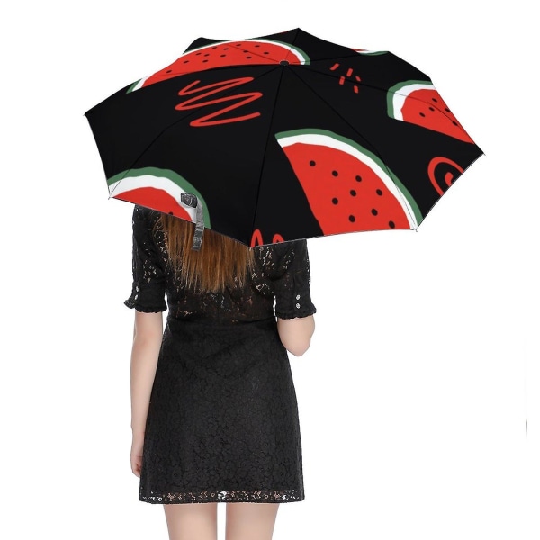 Søt vannmelon automatisk sammenleggbar paraply Reiseparaply Vindtett Auto 3-folder paraplyer for kvinner Menn Voksen