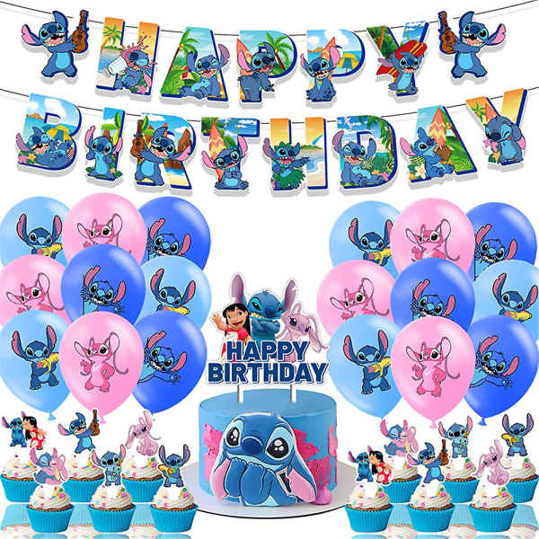 Stitch & Set Syntymäpäiväkoristeet Sarjakuva Pinkki Sininen Teema Syntymäpäiväkoristeet Ilmapallot Kakkupäällysbannerisarja