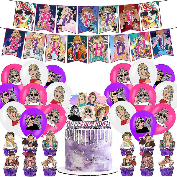 Fläktar med Taylor Swift-tema Swiftie-födelsedagsfestdekor inkluderar en banderoll, ballonger, tårtor