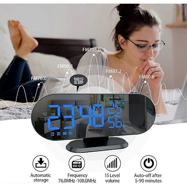 Projektionsur med radio, digitalt ur, USB-radio med dobbelt alarm og LED-spejlskærm, snooze, 180 graders drejning, 4 lysstyrkeniveauer, 12/24 timer