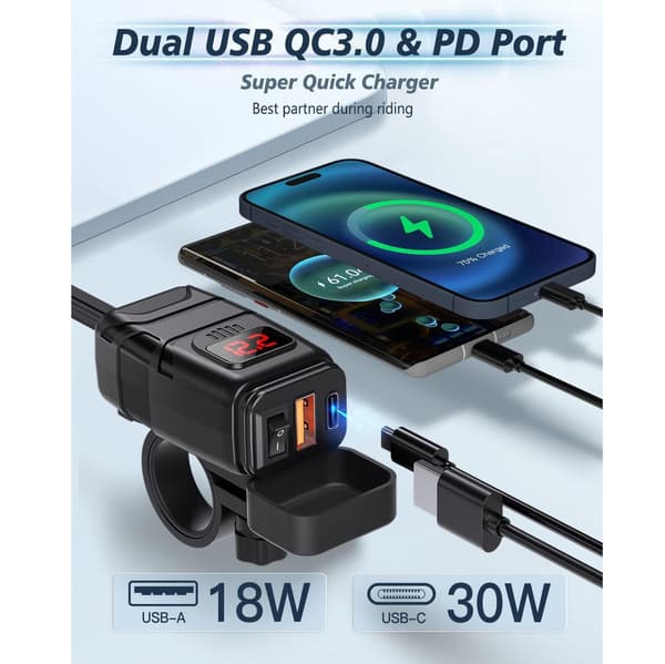 USB-C / USB snabbladdare för bil och motorcykel Svart