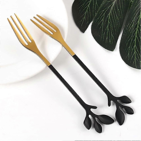10 stk. Smagsgafler til dessert Rustfrit stål Blad Appetizer Gaffelfrugt Gaffel, Tåler opvaskemaskine Sort G
