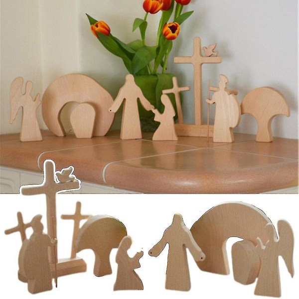 Påske fødselsdagssæt, håndlavet træ opstandelsesscene Opstanden Kristus figur påskebordspynt boligindretning