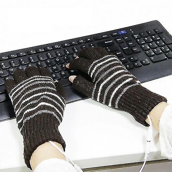 Vinter USB Varme Opvarmede Handsker Fingerløse Handsker - Brown Stripes-jbk