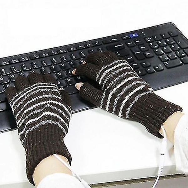 Winter USB Warm Heated Gloves Fingerless Gloves - Brown Stripes-jbk