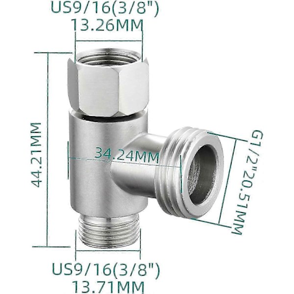3-vejs 3/8\" og 1/2\" 3-vejs Adapter T-forbindelse Rustfrit Stål 3/8\" Vandledning T-fitting Børstet Nikkel