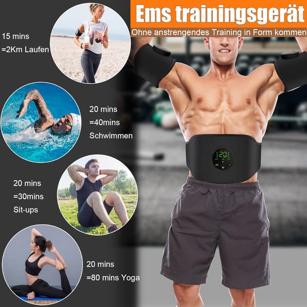 Genopladeligt EMS mavebælte i dykkermateriale silikone sort - tre-delt sæt med display, vaskbart stof, 10 tilstande, 20 intensitetsniveauer, 150mAh
