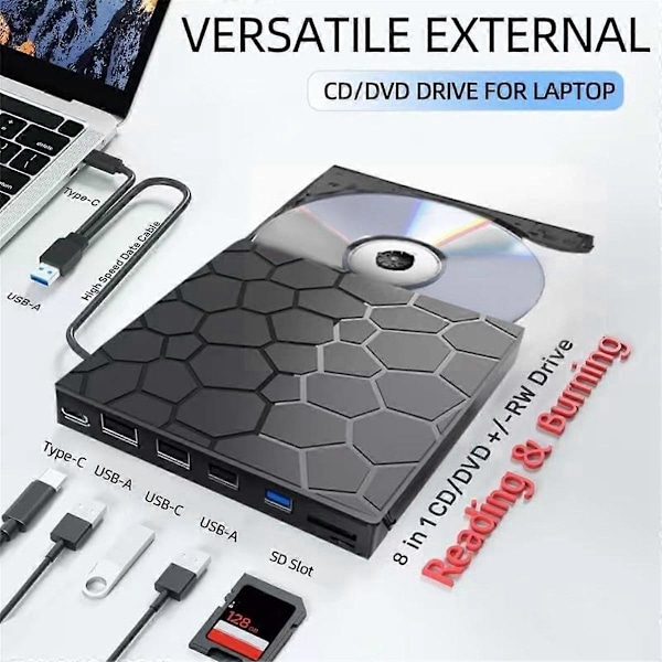 Ekstern CD/DVD-drev, 7 i 1 USB 3.0 CD/DVD-ROM +/-RW CD-brænder til bærbar computer, 11/10/8/7 Linux