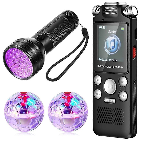 Spökjaktutrustning Kit 1 Digital Röstinspelare 2 LED Lysande Kattbollar och 1 UV Ficklampa Svart Ljus (16GB)