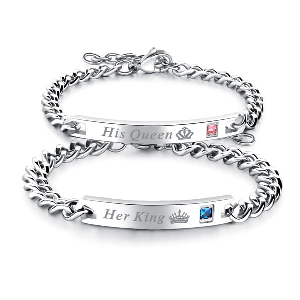 Kärleksarmband par smycken \"His Queen\" / \"Her King\" Titanstål Silver 2 st