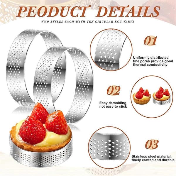 20 stk 7,6 cm Perforerte Terteringer Runde Terteringer Rustfritt Stål Terteringer for Baking Nonstick Me