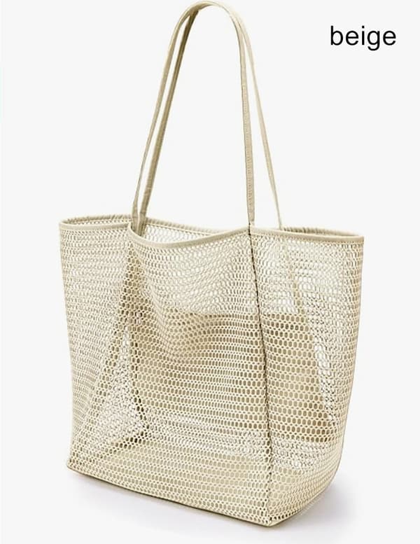Sammenleggbar strandveske, nettingveske for kvinner Beige