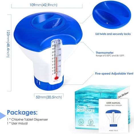 Flydende pooldispenser med termometer, automatisk doseringsapparat, flydende spa-diffusor, dispenser til swimmingpool, dam, spa