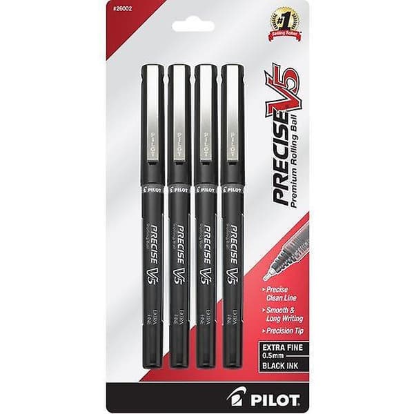 Pilot Precise V5 Rollerballpennor, Extra Fin Spets, Svart Bläck, 4 st, 17510764