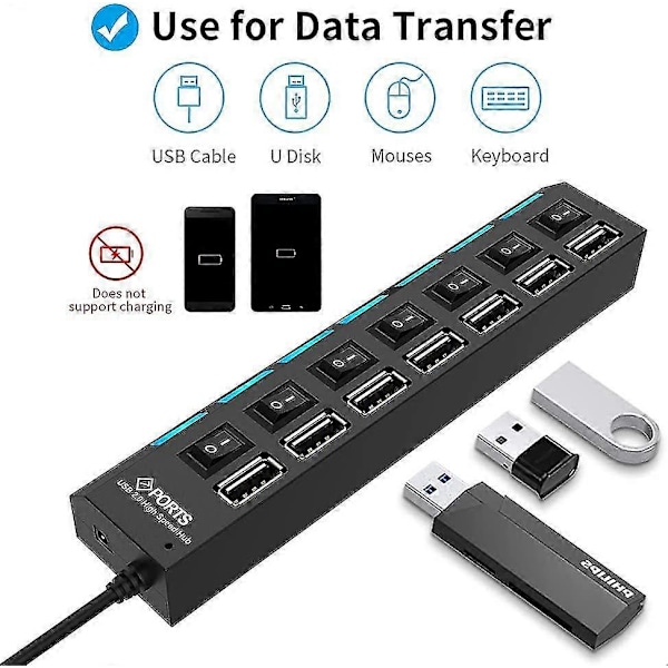 Multi Port USB Hub Splitter, 7-port USB 2.0 Hub for Laptop, USB Port Expander med Individuell På/Av-bryter Kompatibel for Alle USB-enheter, 5-pakning