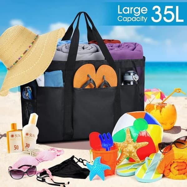 Strandtaske - Overdimensioneret - Stor 35L kapacitet - Multi-lommer - Sort