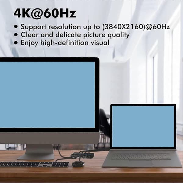DisplayPort KVM Switch, 4K@60Hz DP USB Switch til 2 computere, deler tastatur, mus, printer og Ultr