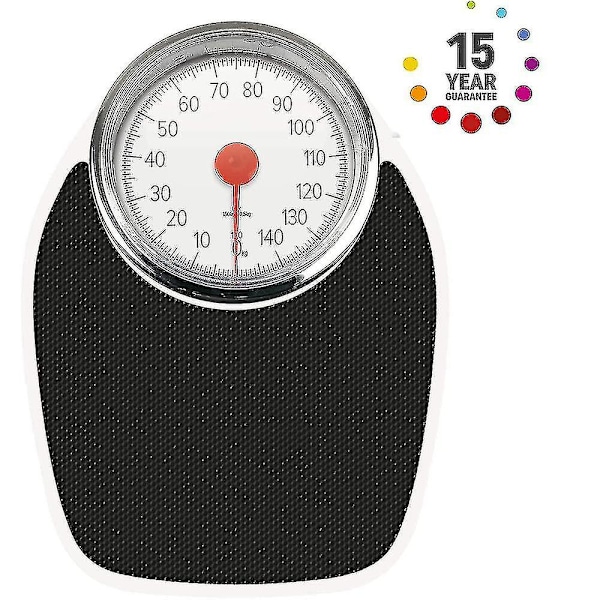 Badevægt i lægestil, mekanisk, retro hvid + sort, præcis vejning, letlæselig analog urskive, robust metalplatform, vejer op til 150 kg