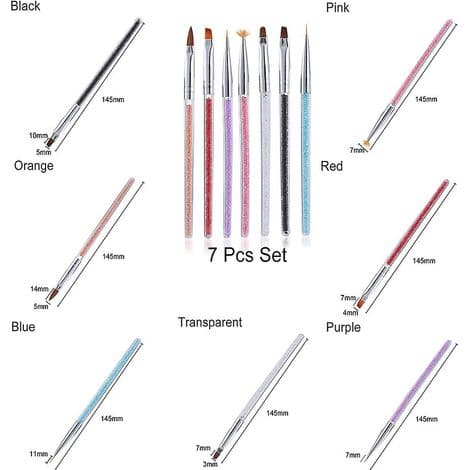 Sæt med 7 dobbeltendede neglekunstbørster, ideel til pointillisme, tegning, maling og liner.