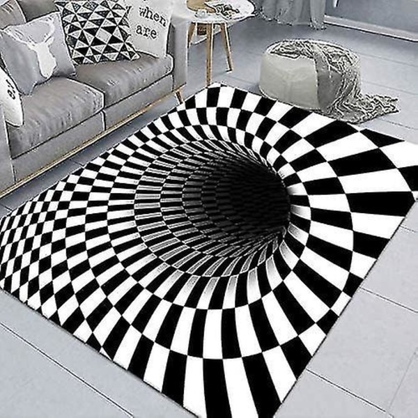 Optisk Illusion Tæppe 3d Stereo Ternet Vortex Optiske Illusioner Tæppe Sjov Fornemmelse Af At Falde Sort & Hvid Anti-Skridsikker Plaid Hul Areal Tæppe Til Spisestue