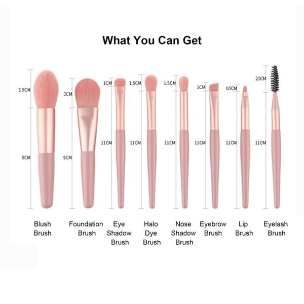 Bærbart 8-delt makeupbørstesæt til begyndere, pink