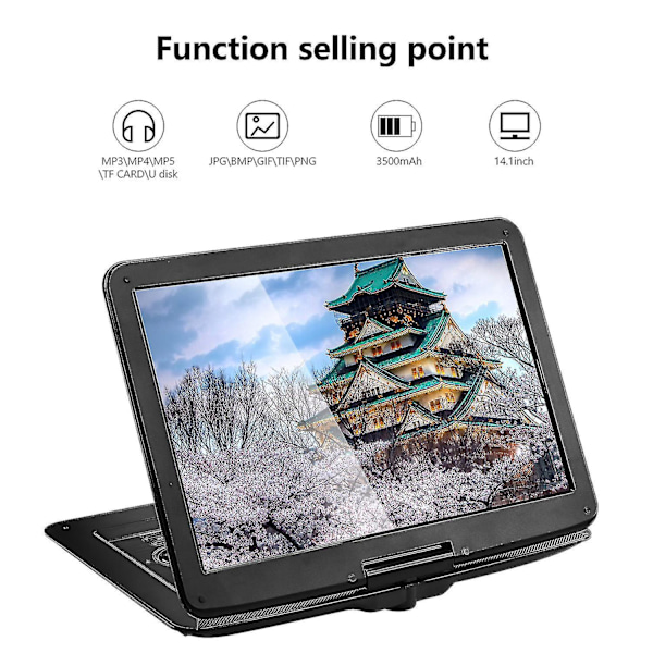 22\" Portabel DVD-spelare med 15,6 tums roterande skärm 1366x768 HD, 3500mAh batteri, stereoljud, regionsfri, vcd/dvd/cd/mp3/mp4 (svart)