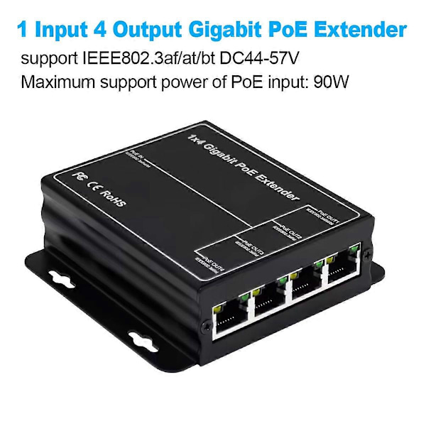 4 Port Gigabit POE Extender 100/1000Mbps 90W 1 ind 4 ud PoE Repeater DIN Skinne Netværk VLAN til 48V PO