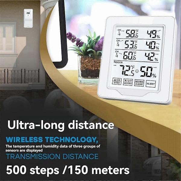 Digitalt Termometer & Hygrometer Innendørs Luftfuktighet med 3 Sensor Skjermdisplay Hvit Bakgrunnsbelyst Stor Skjermopptaker