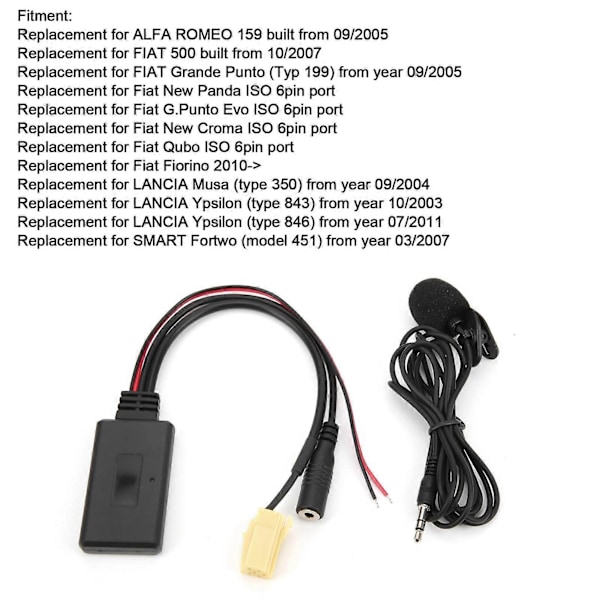 Bluetooth 5.0 AUX-kabeladapter med mikrofon Handsfree ersättning för Fiat 500/Grande Punto/Qubo/Fiorino